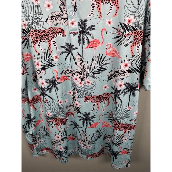 Green Side Golf Blue Cheetah Flamingo Hawaiian Tropical‎ Vaca Polo Shirt Mens XL - Picture 4 of 10